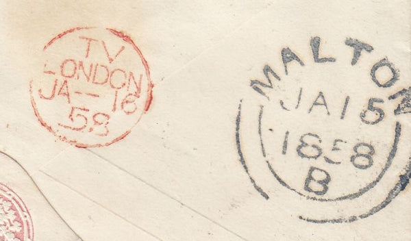 144526 1858 PENNY PINK ENVELOPE MALTON, NORTH YORKS TO DEPTFORD, KENT.