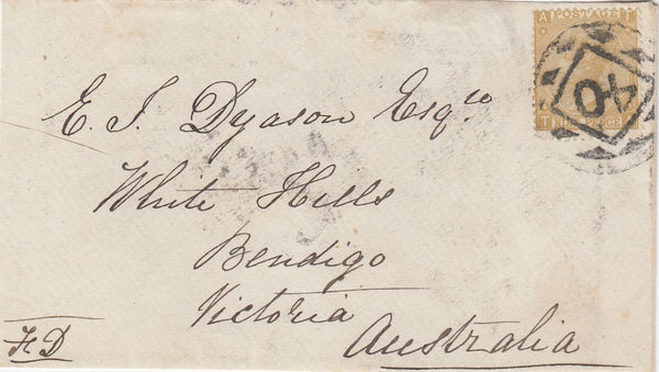 144528 CIRCA 1870 FRONT LONDON TO BENDIGO, VICTORIA, AUSTRALIA 9d (SG110) LONDON '40' CANCELLATION DUBUS TYPE 16.