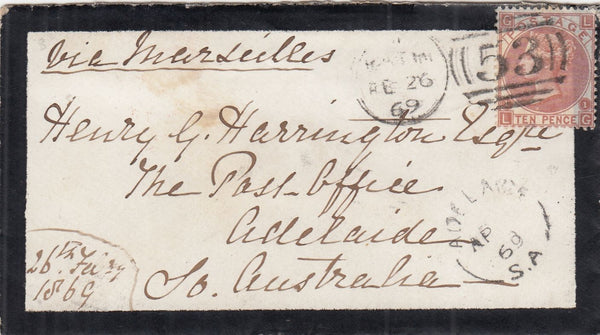 144529 1869 MOURNING ENVELOPE BATH TO ADELAIDE, SOUTH AUSTRALIA 10d RED-BROWN (SG112).