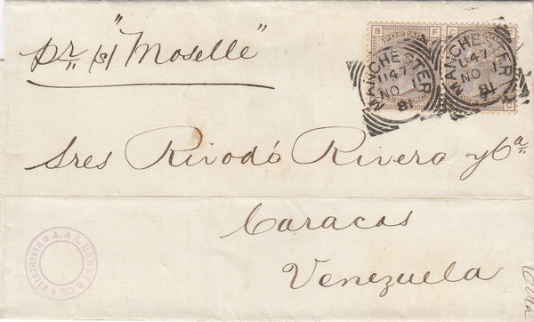144530 1881 MAIL MANCHESTER TO CARACAS, VENEZUELA PAIR 4d GREY-BROWN PL.17 (SG160).
