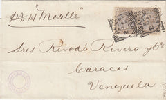 144530 1881 MAIL MANCHESTER TO CARACAS, VENEZUELA PAIR 4d GREY-BROWN PL.17 (SG160).