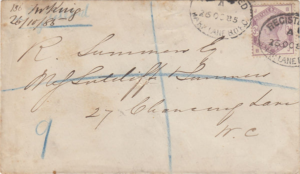 144539 1885 REGISTERED MAIL USED IN LONDON 3d LILAC (SG191) PAYING POSTAGE AND REGISTRATION.