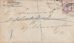 144539 1885 REGISTERED MAIL USED IN LONDON 3d LILAC (SG191) PAYING POSTAGE AND REGISTRATION.