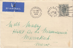 144541 1939 AIRMAIL TO MARRAKECH, MORROCO KGVI 4d (SG468).