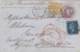 144543 1863 PENNY PINK BLUED PAPER BATH TO TASMANIA UPRATED 2d BLUE (SG45) AND 9d STRAW (SG87).