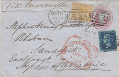 144543 1863 PENNY PINK BLUED PAPER BATH TO TASMANIA UPRATED 2d BLUE (SG45) AND 9d STRAW (SG87).