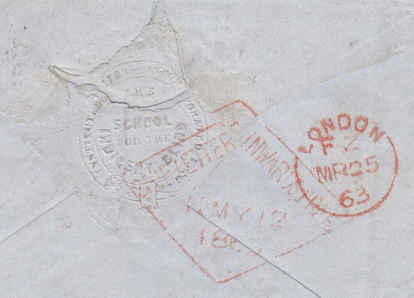 144543 1863 PENNY PINK BLUED PAPER BATH TO TASMANIA UPRATED 2d BLUE (SG45) AND 9d STRAW (SG87).