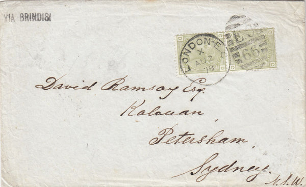 144544 1878 MAIL LONDON TO SYDNEY, NEW SOUTH WALES 4d SAGE-GREEN PL.16 (SG153) x TWO VERY FINE USED.