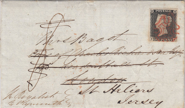 144549 1840 MAIL DEMERARA, BRITISH GUIANA TO LONDON, REDIRECTED TO JERSEY WITH VERY FINE 1d GREY-BLACK PL.3 (SG3)(PA).