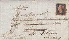 144549 1840 MAIL DEMERARA, BRITISH GUIANA TO LONDON, REDIRECTED TO JERSEY WITH VERY FINE 1d GREY-BLACK PL.3 (SG3)(PA).