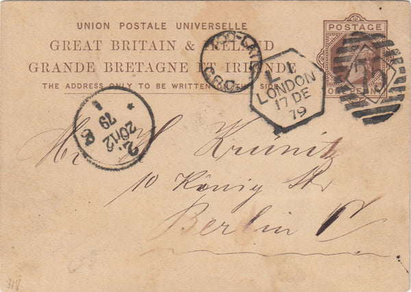 144551 1879 QV 1d BROWN UPU POSTCARD LONDON TO BERLIN LATE FEE DUPLEX.