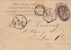 144551 1879 QV 1d BROWN UPU POSTCARD LONDON TO BERLIN LATE FEE DUPLEX.