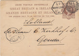 144552  1881 QV 1d BROWN UPU POSTCARD LONDON TO GOUDA, HOLLAND LATE FEE DUPLEX.