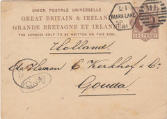 144552  1881 QV 1d BROWN UPU POSTCARD LONDON TO GOUDA, HOLLAND LATE FEE DUPLEX.