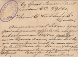 144552  1881 QV 1d BROWN UPU POSTCARD LONDON TO GOUDA, HOLLAND LATE FEE DUPLEX.