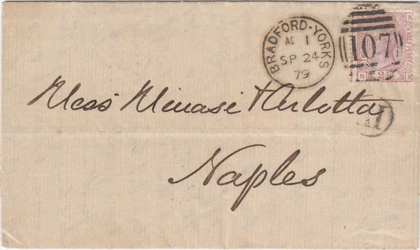 144555 1879 MAIL BRADFORD, YORKS TO NAPLES 2½d ROSY-MAUVE PL.14 (SG141).