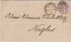 144555 1879 MAIL BRADFORD, YORKS TO NAPLES 2½d ROSY-MAUVE PL.14 (SG141).
