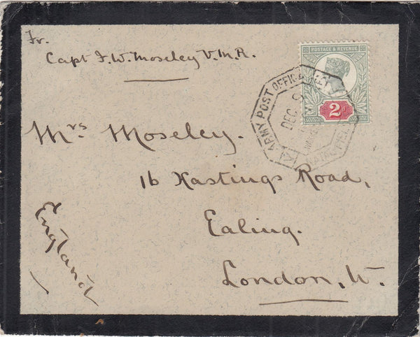 144557 1901 MOURNING ENVELOPE SOUTH AFRICA TO LONDON 2d JUBILEE (SG200) 'ARMY POST OFFICE/NATAL FIELD OFFICE/WAKKERSTROON', DATE STAMP.