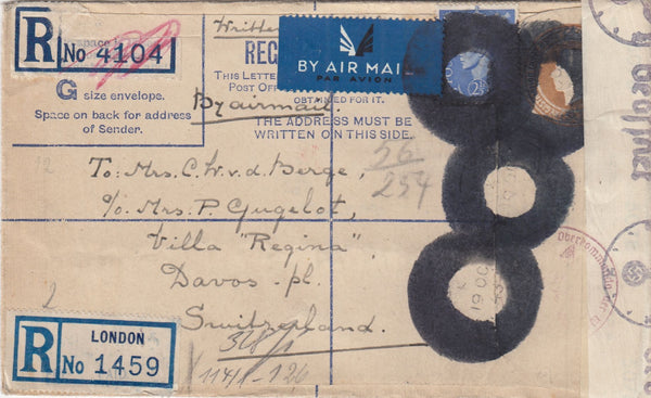 144558 1943  KGVI  5½d BISTRE REGISTERED MAIL LONDON TO DAVOS, UPRATED KGVI 2½d WITH CENSORSHIP CANCELLATIONS.