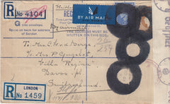 144558 1943  KGVI  5½d BISTRE REGISTERED MAIL LONDON TO DAVOS, UPRATED KGVI 2½d WITH CENSORSHIP CANCELLATIONS.