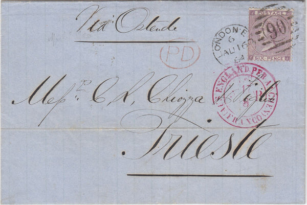 144566 1864 MAIL LONDON TO TRIESTE 6d DEEP LILAC (SG83).