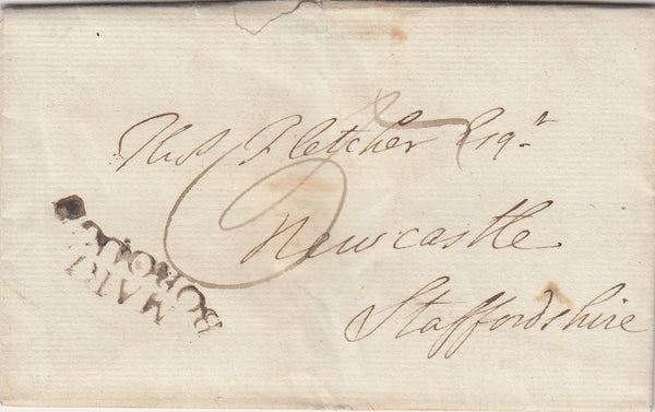 144569 1795 MAIL MARLBOROUGH, WILTS TO NEWCASTLE, STAFFS 'MARL/BOROUGH' TWO LINE SERPENTINE STYLE HANDSTAMP (WL417).