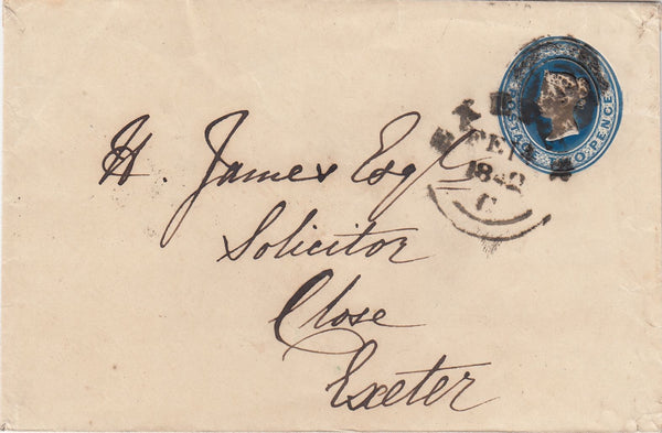 144572 1842 2d BLUE STATIONERY ENVELOPE USED IN EXETER CANCELLED EXETER MALTESE CROSS AND PART 'EXETER' WESSEX TYPE DATE STAMP.