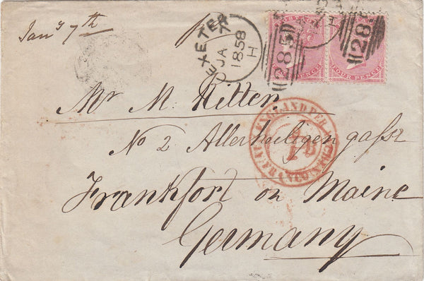 144579 1858 MAIL EXETER TO FRANKFURT, GERMANY PAIR 4d ROSE-CARMINE (SG66).