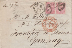 144579 1858 MAIL EXETER TO FRANKFURT, GERMANY PAIR 4d ROSE-CARMINE (SG66).