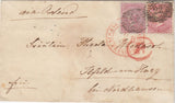 144580 1857 MAIL LONDON TO ILFELD, NORDHAUSEN, GERMANY WITH AMAZING COMBINATION 4d CARMINE ON BLUED PAPER MEDIUM GARTER (SG63) 4d CARMINE ON WHITE PAPER LARGE GARTER (SG66).