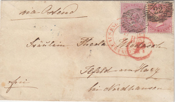 144580 1857 MAIL LONDON TO ILFELD, NORDHAUSEN, GERMANY WITH AMAZING COMBINATION 4d CARMINE ON BLUED PAPER MEDIUM GARTER (SG63) 4d CARMINE ON WHITE PAPER LARGE GARTER (SG66).