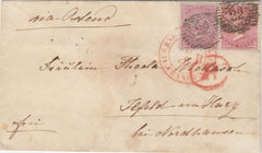 144580 1857 MAIL LONDON TO ILFELD, NORDHAUSEN, GERMANY WITH AMAZING COMBINATION 4d CARMINE ON BLUED PAPER MEDIUM GARTER (SG63) 4d CARMINE ON WHITE PAPER LARGE GARTER (SG66).