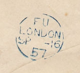 144580 1857 MAIL LONDON TO ILFELD, NORDHAUSEN, GERMANY WITH AMAZING COMBINATION 4d CARMINE ON BLUED PAPER MEDIUM GARTER (SG63) 4d CARMINE ON WHITE PAPER LARGE GARTER (SG66).