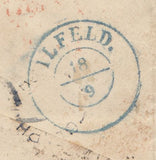 144580 1857 MAIL LONDON TO ILFELD, NORDHAUSEN, GERMANY WITH AMAZING COMBINATION 4d CARMINE ON BLUED PAPER MEDIUM GARTER (SG63) 4d CARMINE ON WHITE PAPER LARGE GARTER (SG66).