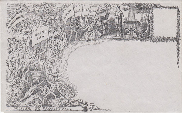 144584 CIRCA 1890 VALENTINE 'TEMPERANCE' ENVELOPE DERAEDEMAEKER REPRINT IN BLACK ON GREY WOVE PAPER WITH REFERENCE TO 'MAINE LAW'.