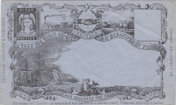 144585 CIRCA 1890 VALENTINE 'OCEAN POSTAGE' DERAEDEMAEKER REPRINT IN BLACK ON BLUE WOVE PAPER.