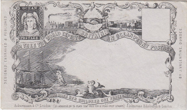 144586 CIRCA 1890 VALENTINE 'OCEAN POSTAGE' DERAEDEMAEKER REPRINT IN BLACK ON GREY WOVE PAPER.