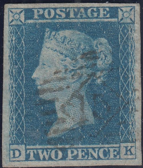 144593 1855 2d BLUE PL.5 WMK LARGE CROWN ERROR IMPERFORATE (SG27a) VERY FINE USED.