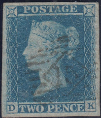144593 1855 2d BLUE PL.5 WMK LARGE CROWN ERROR IMPERFORATE (SG27a) VERY FINE USED.