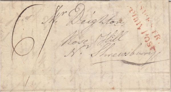 144604 1821 MAIL OSWESTRY, SHROPSHIRE TO SHREWSBURY 'OSWESTRY/PENNY POST' HANDSTAMP (SH453) OSWESTRY CIRCULAR DATED MILEAGE MARK.