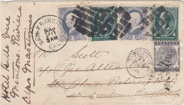 144608 1884 MAIL SAN FRANCISCO TO LONDON U.S.A. FRANKLIN 1c x2 AND JACKSON 4c x 2 REDIRECTED TO FRANCE WITH G.B. 5d INDIGO (SG169).