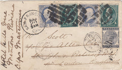 144608 1884 MAIL SAN FRANCISCO TO LONDON U.S.A. FRANKLIN 1c x2 AND JACKSON 4c x 2 REDIRECTED TO FRANCE WITH G.B. 5d INDIGO (SG169).