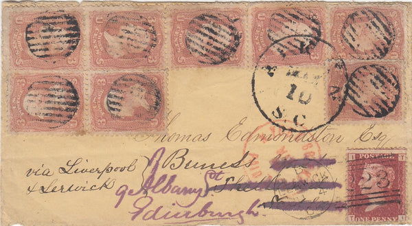 144609 1866 MAIL AIKEN, SOUTH CAROLINA, TO SHETLAND, SCOTLAND U.S.A. WASHINGTON 3c BROWN-ROSE x EIGHT, REDIRECTED TO EDINBURGH G.B. 1d (SG43).