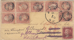 144609 1866 MAIL AIKEN, SOUTH CAROLINA, TO SHETLAND, SCOTLAND U.S.A. WASHINGTON 3c BROWN-ROSE x EIGHT, REDIRECTED TO EDINBURGH G.B. 1d (SG43).