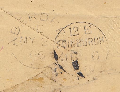 144609 1866 MAIL AIKEN, SOUTH CAROLINA, TO SHETLAND, SCOTLAND U.S.A. WASHINGTON 3c BROWN-ROSE x EIGHT, REDIRECTED TO EDINBURGH G.B. 1d (SG43).