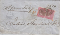 144614 1856 MAIL LONDON TO HAMBURG PAID 4d ROSE-CARMINE MEDIUM GARTER WHITE PAPER (SG64).