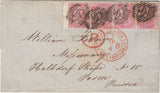 144615 1858 LARGE PART WRAPPER LONDON TO PRUSSIA 4d (SG66) x FOUR.
