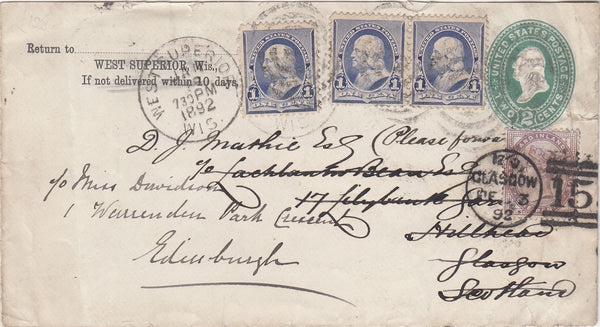 144617 1892 U.S. 2c GREEN POSTAL STATIONERY ENVELOPE UPRATED 1c BENJAMIN FRANKLIN x THREE TO GLASGOW REDIRECTED TO EDINBURGH G.B. 1d LILAC (SG172).