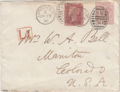 144618 1876 MAIL LONDON TO COLORADO, U.S.A. 2½d (SG141) AND 1d (SG43) LATE FEE PAID.