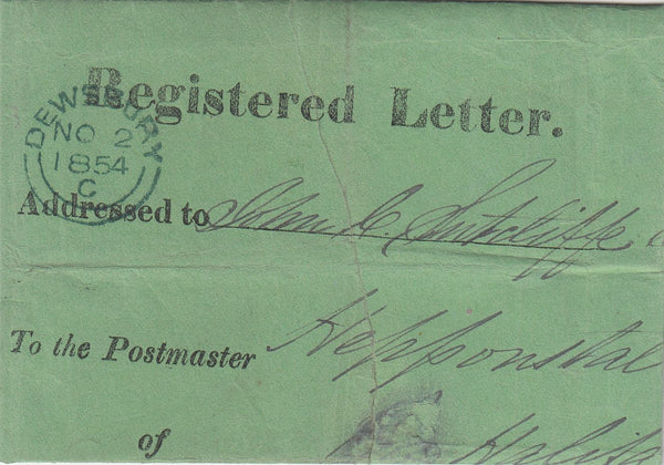 144619 1854 GREEN OUTER WRAPPER AS USED TO CONTAIN A REGISTERED LETTER FROM DEWSBURY, WEST YORKS TO HALIFAX.